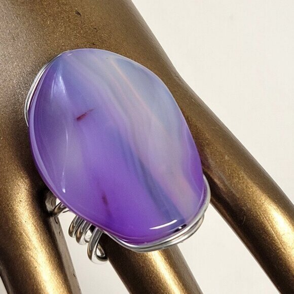 Purple Agate Ring Adjustable Band Handmade Semi Precious Ring - Picture 1 of 9